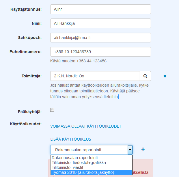 Käyttäjätunnus alihankkijoille Asetuksien alaosassa on lista oman yrityksen arkistopalvelun käyttäjistä, joille on annettu käyttöoikeudet tähän