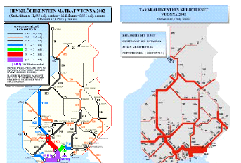 EERA 64 (137) Henkilöliikenne Tavaraliikenne 2002 2002 Kuva 18. Henkilöliikenne rataverkossa keskittyy pääkaupunkiseudulle ja eräille ydinverkon keskeisille rataosuuksille.