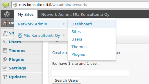 3. Network Setup Valitse missä muodossa haluat Multisiten eri sivujen osoitteen olevan: (Huom! Tätä ei voi muuttaa jälkeenpäin, joten mieti tarkkaan kumman valitset) sivu1.esimerkki.fi Tai esimerkki.