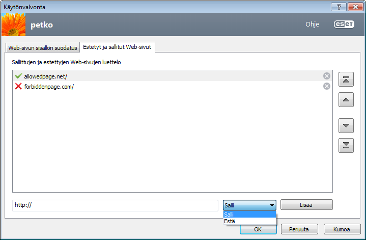 4.4.2 Estetyt ja sallitut Web-sivut Voit lisätä URL-osoitteen luetteloon kirjoittamalla sen luettelon alla olevaan tyhjään kenttään, valitsemalla Salli tai Estä ja sitten Lisää.