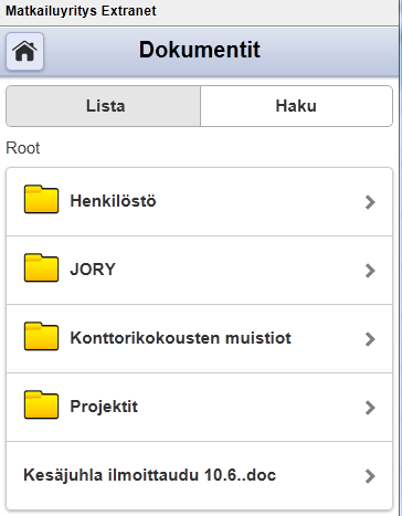 Avattaessa dokumenttiarkistoa mobiililiittymällä, viimeisin avattu kansio näkyy oletuksena.