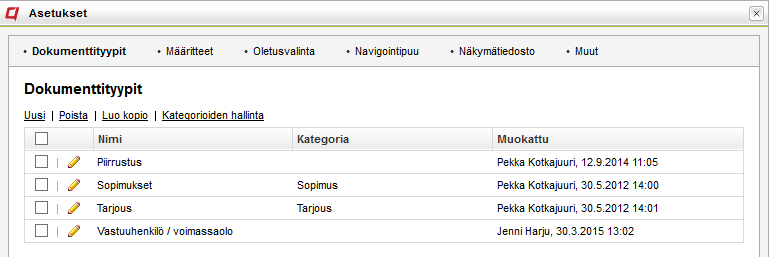 Päivämäärämuistutus määritettynä Dokumenttityypit Dokumenttityyppi on tapa ryhmitellä määritteitä, jotta dokumenttien löytäminen olisi helpompaa ilman tarvetta selata koko kansiorakennetta läpi.