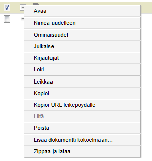 Dokumenttikokoelma kansiorakennepuussa Dokumenttikokoelmaan lisätään dokumentti valitsemalla dokumenttikokoelman pudotusvalikosta Lisää dokumentti kokoelmaan, kopioimalla ja liittämällä se.