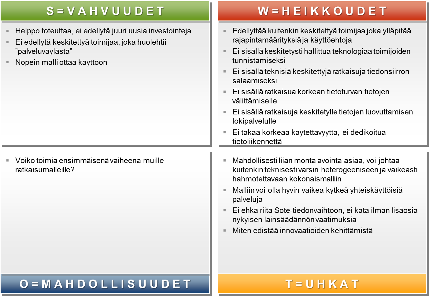 Kansallinen palveluväyläarkkitehtuuri 16.6.2013 3.5 Skenaarioarvion yhteenveto: Tämä skenaario on helppo toteuttaa eikä edellytä merkittäviä lisäinvestointeja eikä monimutkaista organisaatiota.