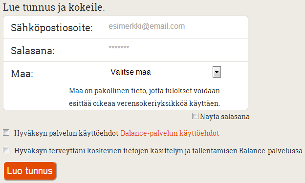 Luo uusi Balance-käyttäjätunnus Voit luoda uuden käyttäjätunnuksen Balance-verkkosivustolla valitsemalla Luo tunnus sivun yläreunassa olevista vaihtoehdoista.