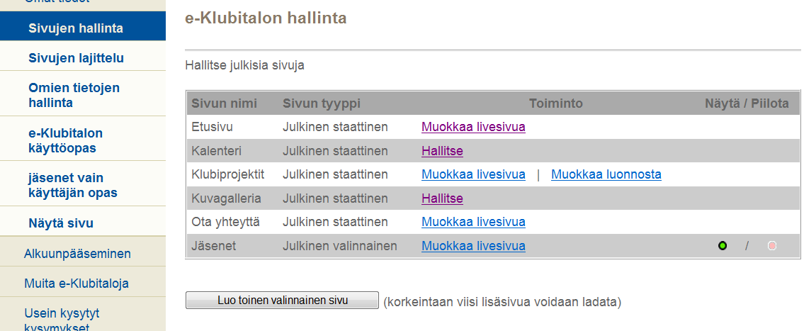 e-klubitalo yleisten sivustojen ylläpito 14(26) 4.4. Uuden julkisen valinnaisen sivun valmistaminen Voit lisätä, muokata tai piilottaa enintään viisi (5) lisää sivua klubin verkko-sivustolle.