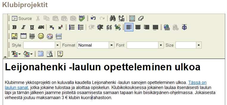 e-klubitalo yleisten sivustojen ylläpito 21(26) Kuva 29. Valmis linkki Klubiprojektit -sivulla 5.3.