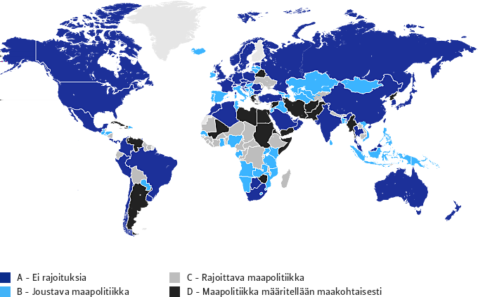 RISKINOTTO Finnveran takuutarjonta 31.12.2013 Finnveran takuupolitiikassa maat on ryhmitelty neljään ryhmään: A, B, C ja D.