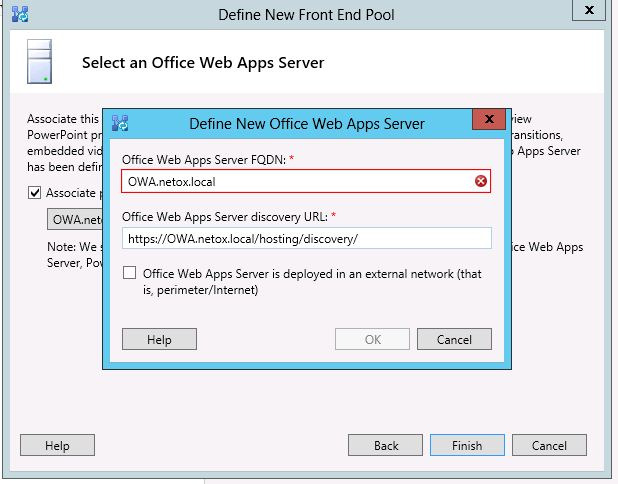 MICROSOFT LYNC SERVER 2013 -KÄYTTÖÖNOTTO LIITE 2/13 KUVA 17. Office Web Apps -palvelimen määritys Tämän määrityksen jälkeen Front End Pool -palvelu oli määritetty.