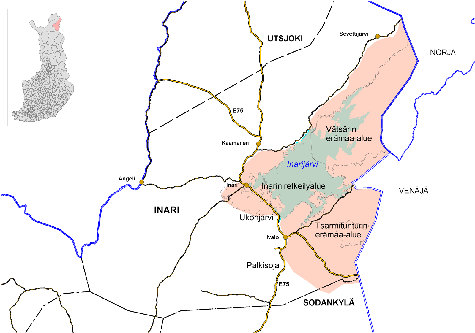 1 Johdanto Itä-Inarin paikannimistöselvitys pitää sisällään 1/3 Inarin kunnan alueesta käsittäen Vätsärin erämaa-alueen (1 550 km 2 ), Tsarmitunturin erämaa-alueen (150 km 2 ), Inarin retkeilyalueen