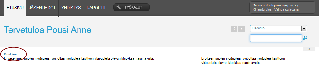 SUOMEN NOUTAJAKOIRAJÄRJESTÖ RY JÄSENREKISTERIN OHJE (16.6.2013 / TJ) 25 (26) 22. Raporttinostojen näyttäminen etusivulla Tärkeimmät raportit on järkevää nostaa etusivulle raportiksi.