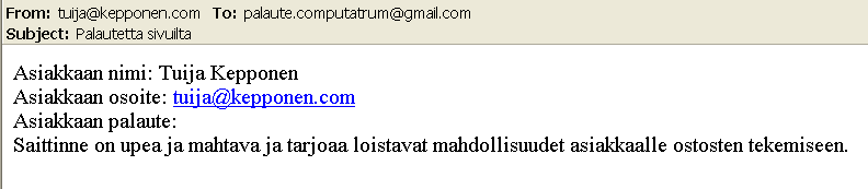 33 Seuraavassa kuvassa on otos sähköpostin asiakasohjelmasta, joka on vastaanottanut palautteen tiedot.