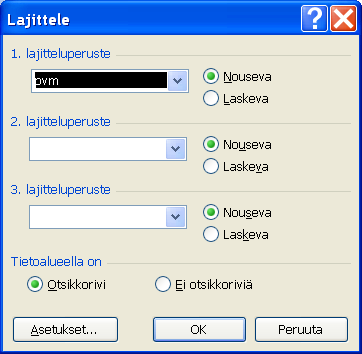 Microsoft Excel perusteita 13 (33) 2.8 Lajittelu Vaihtoehto 1: 1. osoita taulukosta sitä saraketta jonka mukaan haluat tiedot järjestää 2.
