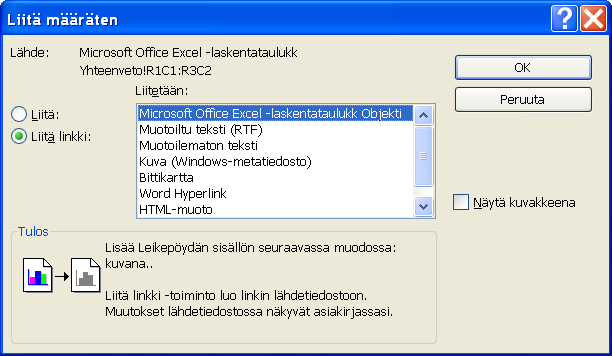 16 (33) Microsoft Excel perusteita 3.3.2 päivittyvä linkki 1. avaa muokkaa - valikko 2. valitse liitä määräten - komento 3. valitse liitä linkki 4. valitse MS Office Excel laskentataulukko objekti 5.