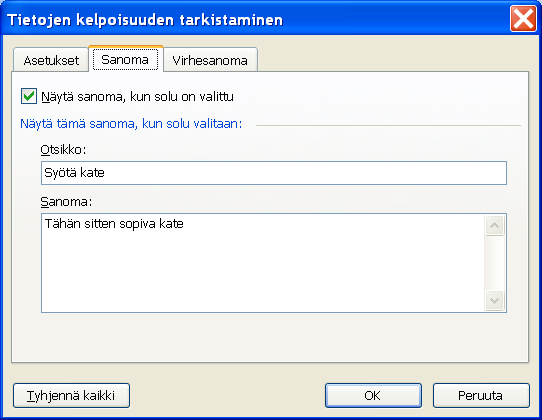 20 (33) Microsoft Excel perusteita 9. tässä tehtävässä valitaan hyväksy kohtaan desimaaliluku Tiedot pudotusvalikosta, valitaan haluttu asetus. Tässä harjoituksessa valitaan on välillä.