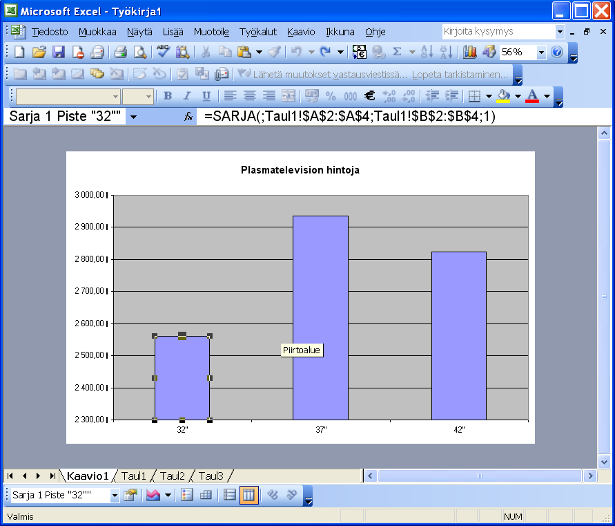 32 (33) Microsoft Excel perusteita 7.7 Valmiin kaavion muokkaaminen 7.7.1 Eri osien valitseminen Kaavion eri osia voidaan valita klikkailemalla hiiren kursorin avulla.