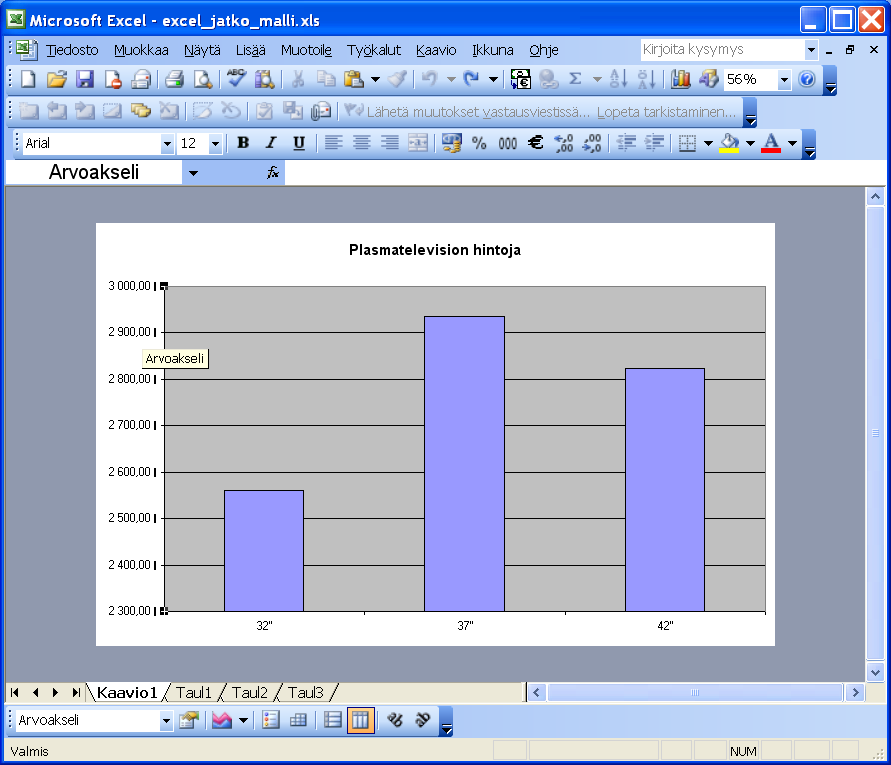 Microsoft Excel perusteita 33 (33) c) Napsauttamalla ruskean viivoitetun alueen päällä saat valittua kaavion piirtoalueen d) Napsauttamalla vaaka- tai pystyakselin päällä saat valittua akselin