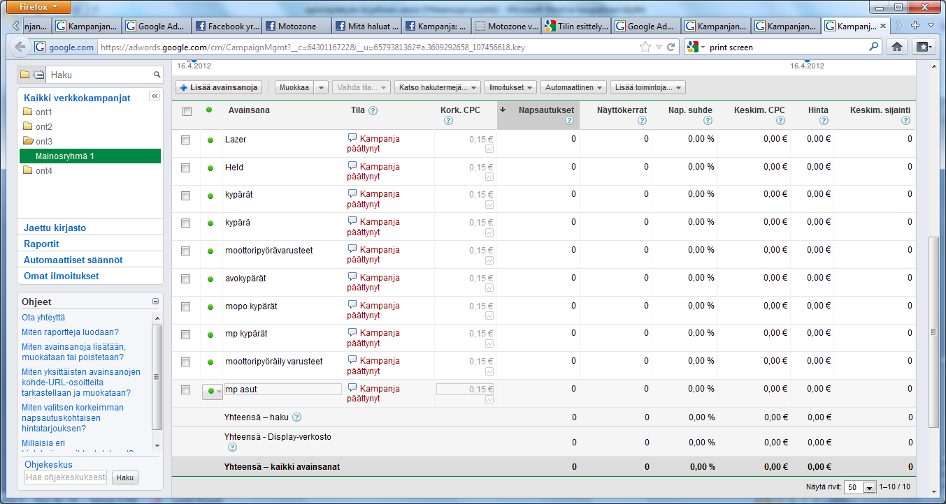 42 Kuvio 31. Näkymä kolmannen viikon hakusanoista Google AdWords:sä. (Google AdWords, [Viitattu 5.6.2011].) 3.