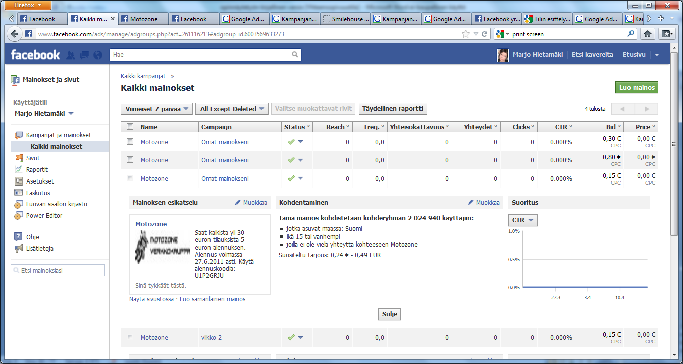 43 Kuvio 32. Neljännen viikon Facebook -mainoksen esikatselusivu. (Facebook, [Viitattu 20.6.2011].) Tällä viikolla laitetaan mainostekstiksi, kuten kuviosta (Kuvio 33.) näkyy.