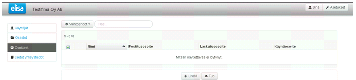 Elisa Oyj Elisa Ring 28 (58) Kuva 38. Lisää osasto Osoitteet Osoitteet -välilehdellä on yrityksen osoitetiedot.