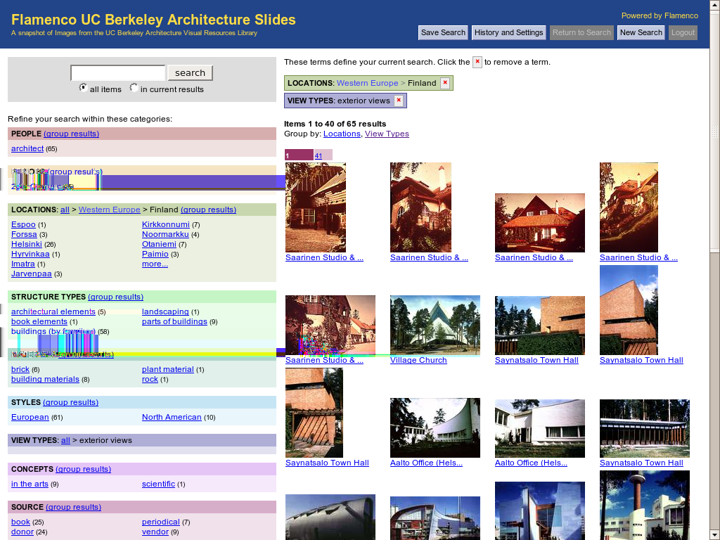 11 Kuva 5: Flamenco-järjestelmä arkkitehtonisten kuvien selailuun. Flamencojärjestelmässä sanahaku on tiukasti integroitu moninäkymähakuun.