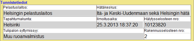 96 (238) D.3 Rakennusseloste D.3.1 Tunnistetiedot D.3.1.1 Pelastuslaitos Alueellisen pelastuslaitoksen nimi. Tieto tulee onnettomuusselosteelta. Rakennusselosteella sitä ei voi muuttaa. D.3.1.2 Hätäkeskus Hätäkeskus, joka on vastaanottanut hätäilmoituksen.