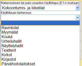 100 (238) D.3.2.3 Käyttötavan tarkennus Kokoontumis- ja liiketilojen osalta kirjataan tarkempi käyttötapa SRakMk E1:sen mukaan. Vaihtoehdot ovat: D.3.2.4 Rakennustyyppi Tulipalon kohteena olleen rakennuksen tyyppi.