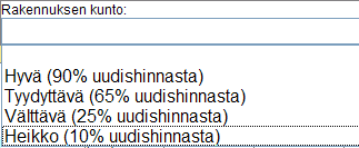 159 (238) Kunto vaikuttaa merkittävästi laskettuihin arvoihin seuraavan taulukon mukaisesti: Kuntoluokka Arvo (% uudishinnasta) Kuvaus Hyvä 90 Käytön jälkiä ja vanhenemista on vain vähän