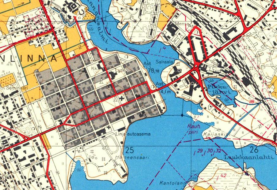 Kulttuuriympäristöpalvelut Hämeenlinnan kaupunki 33 (49) Ajanjakson nykypäiviin säilynyttä rakennuskantaa rakennusvuosien mukaan Ote rakennusikäkartasta: vuosina 1920-1959 rakennetut kohteet.