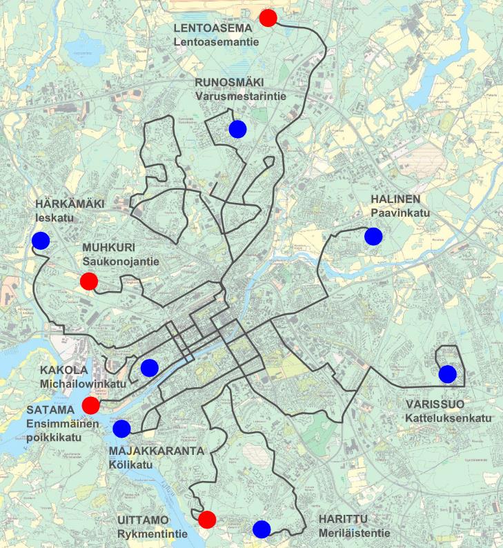 80 Kuva 25 Potentiaalisten sähköbussilinjojen latauspisteet lataustehoineen kartalla. Latauspisteen perustaminen vaatii aina uuden sähköverkon rakentamista.