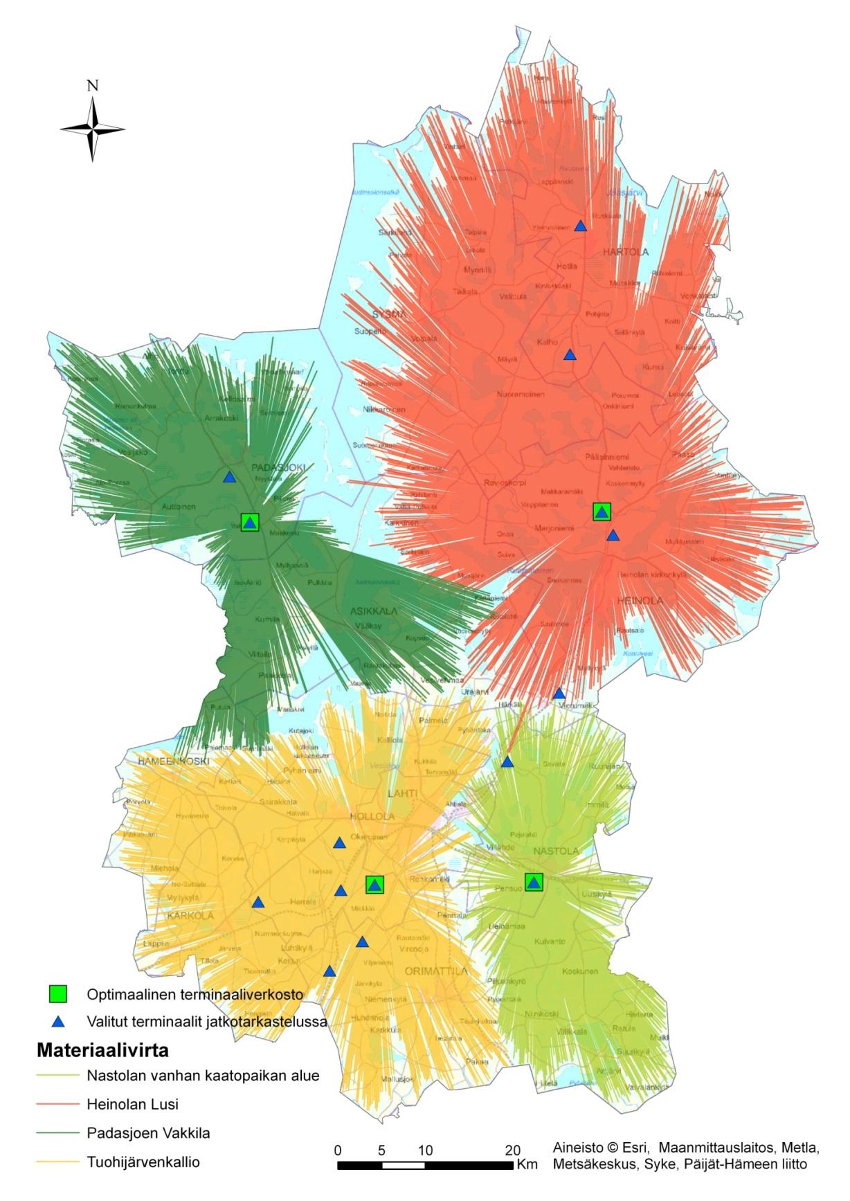 Kuva 7. Optimaalinen terminaaliverkosto. Saavutettavuuden tarkastelu rajoittuu tieverkostoon Päijät-Hämeen alueelta.