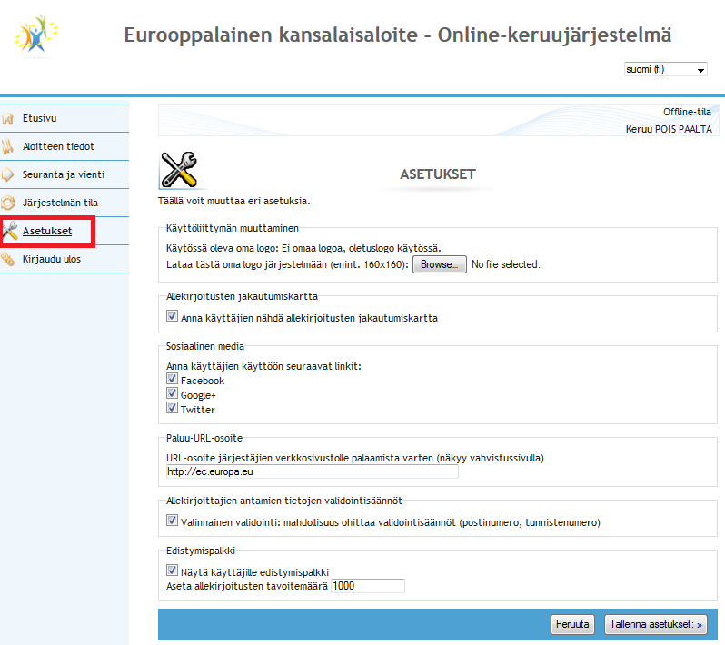 2.5 Asetukset Päävalikon kohdasta Asetukset voidaan määritellä julkisen käyttöliittymän asetukset. Kuva 8: Asetukset-näyttö Valitut asetukset vahvistetaan Tallenna asetukset -painikkeella.