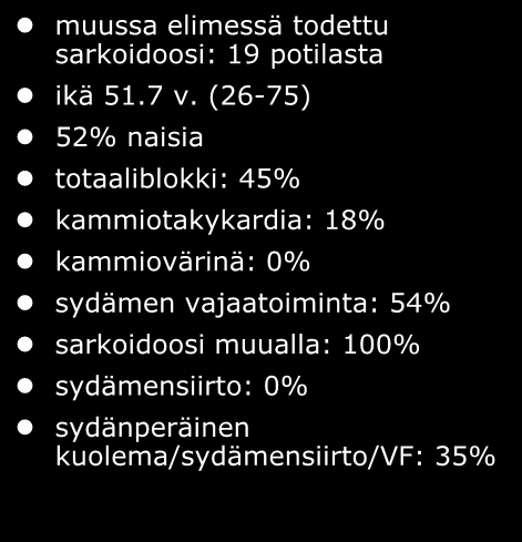 Sydänsarkoidoosipotilaat Meilahden sairaalassa vuosina 2000-2010 sydänlihaksen koepalalla varmennettu: 33 potilasta ikä 50 v.