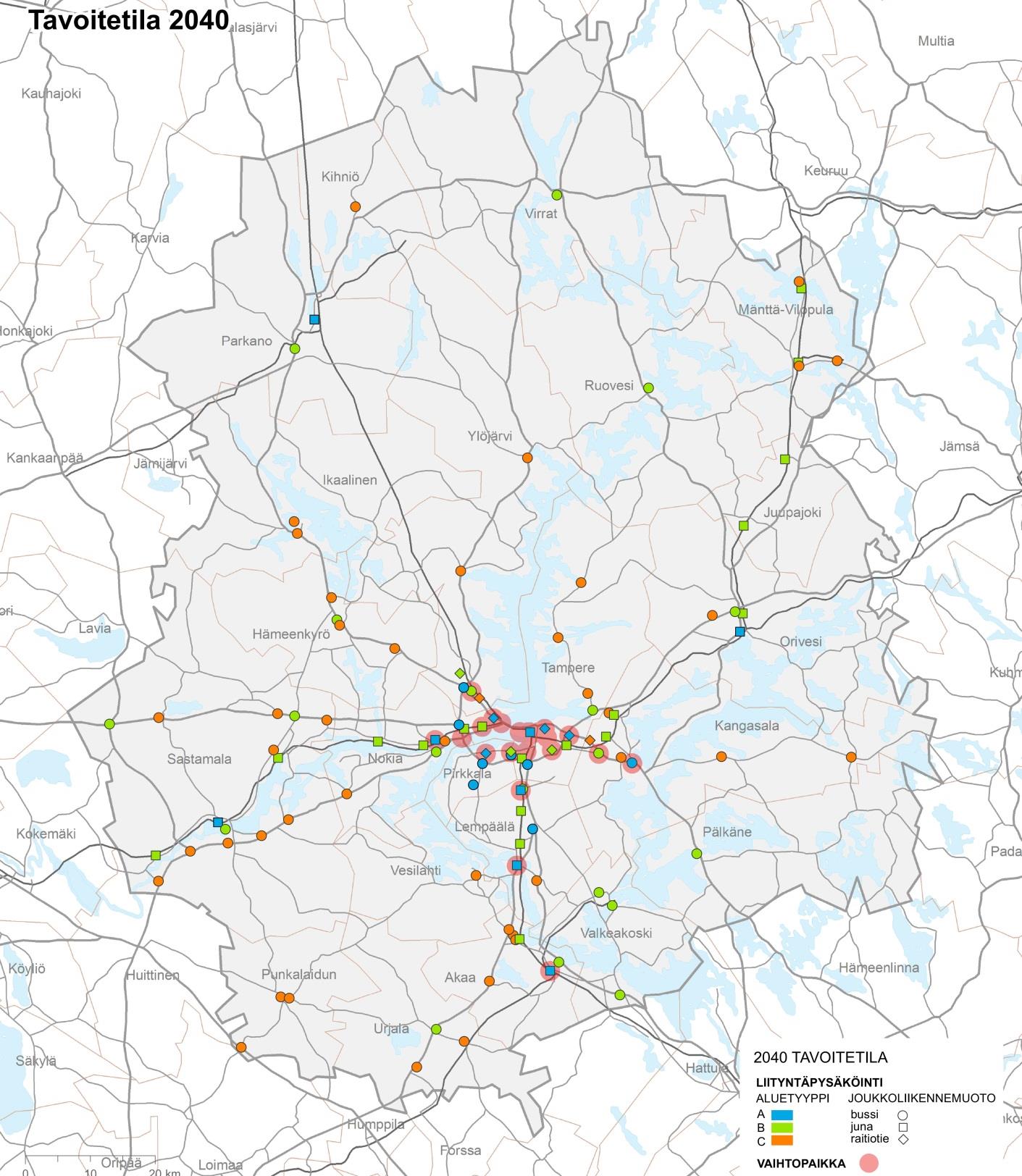 Tavoitetila MAAKUNTAKAAVA Liityntäpysäköintialueiden tyypit Pirkanmaalla A - Seudullisesti merkittävä alue liittyy erittäin hyviin joukkoliikenteen runkoyhteyksiin alueet houkuttelevat käyttäjiä
