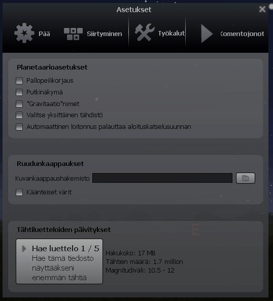 Työkalut Planetaarioasetukset-kohdassa voit tehdä erilaisia tähtinäkymään vaikuttavia asetuksia.