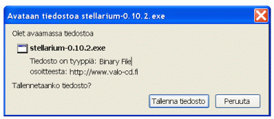 Asennus Windowsiin Asentaaksesi Stellariumin Windowsiin joudut ensin lataamaan sen. Suomeksi lokalisoitu Stellarium on saatavilla esimerkiksi VALO-CD:n sivuilta.