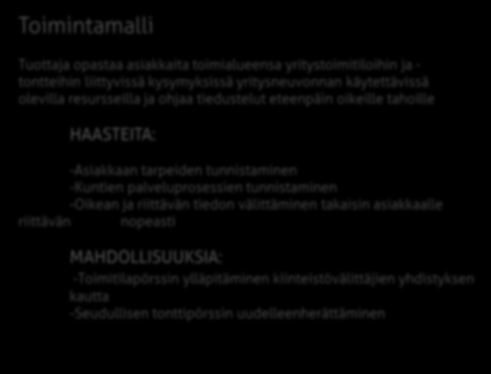 Toimitila- ja yritystonttikoordinaatio Tilaaja(t) Porvoon kaupunki Loviisan kaupunki Lapinjärven kunta Myrskylän kunta Askolan kunta Tuottaja Posintra Oy Toimintamalli Tuottaja opastaa asiakkaita