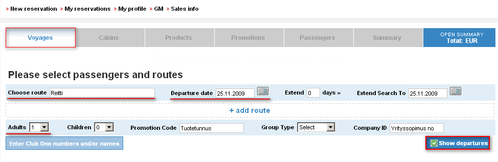3 Voyages sivu: lähdön hakuehdot ja saatavuus New reservation välilehti antaa esille varauksen ensimmäisen sivun, jolla määritellään hakuehdot.