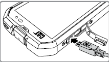 Akun lataus Ennen akun lataamista varmista, että se on oikeinpäin puhelimessasi. 1. Liitä USB-kaapeli, joka tulee matkapuhelimesi laturin mukana. Käytä vain Cat hyväksyttyjä latureita ja kaapeleita.