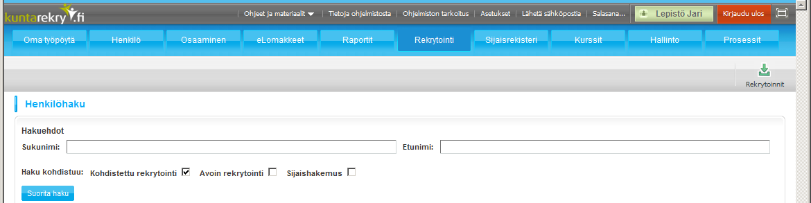 4 Etsi hakijoita 4.1 Henkilöhaku Henkilöhakutoimintoon pääsee sekä sijaisrekisterin että rekrytointimoduulin etusivunäkymästä Henkilöhaku painikkeella.