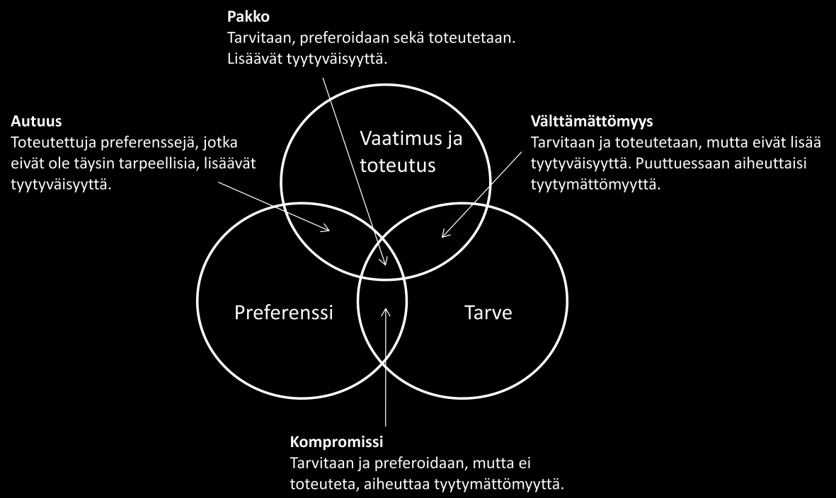 16 Kuvio 2 Tarpeen, preferenssin ja vaatimusten sekä toteutuksen suhde (Mukailtu Rothe ym.