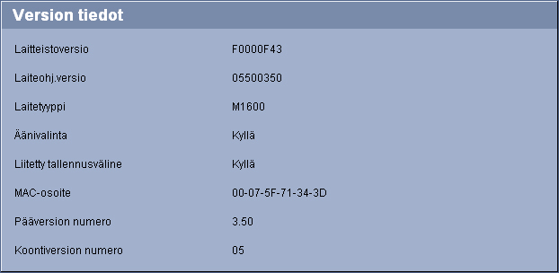 VIP X1600 Määrtys Web-selamella f 83 5.31 Verson tedot Tämän svun tedot näytetään van tedoks, ekä ntä vo muuttaa. Merktse nämä tedot mustn sltä varalta, että tarvtset teknstä tukea.