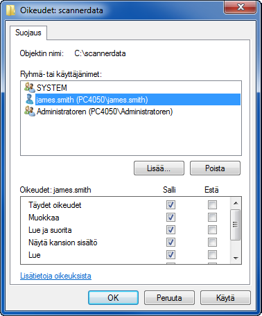 Lähetys > Valmistelut asiakirjan lähettämiselle tietokoneeseen 4 3 Valitse näppäilty nimi, valitse Muuta- ja Luku-oikeudet. Windows XP:ssä siirry vaiheeseen 6.