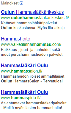 Kuvio 19. Oululaisten hammaslääkäriasemien Google-mainoksia (Google-haku 2013, hakupäivä 19.4.2013) Aarian näkyvyys hakukoneilla on kuitenkin jo kohtuullisen hyvä tälläkin hetkellä.