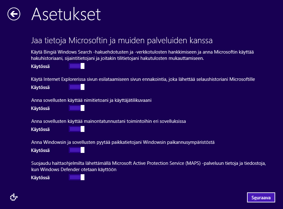 s. 2/5 Kun siirrytään asetuksissa muutama ruutu eteenpäin, näkyville tulevat tietosuoja-asetukset. Kuvassa alla näkyvät järjestelmän ehdottamat asetukset.