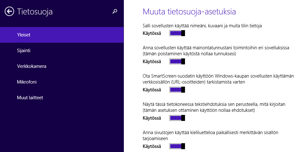 s. 3/5 Asetukset Windowsista käsin Tietosuoja-asetukset Valitse Windowsin asetusten pääsivulta Tietosuoja. Kuvassa näkyvät oletusasetukset, ellei niitä ole asennusvaiheessa muutettu.