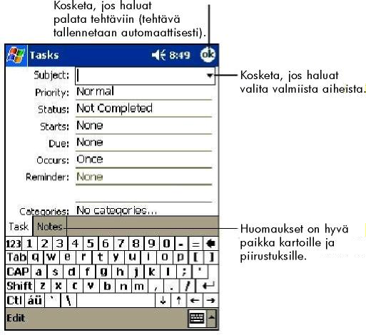 Chapter 7 Microsoft Pocket Outlook 107 Tehtävän luominen 1. Kosketa kohtaa New. 2. Kirjoita kuvaus syöttötaululla. 3.