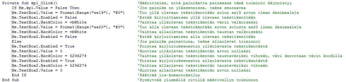 63 KUVA 29. Reitin määrittelyikkuna. Nyt esitellään hieman VBA-ohjelmointipuolen toimintaa. Kuvassa 30 oleva koodi määrittelee pelkästään kuvassa 29 ympyröidyn painikkeen toimintaa. KUVA 30.