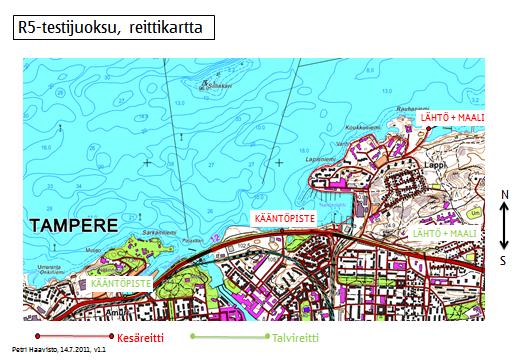 1. REITTIKARTTA JA SELOSTUS Oheinen kartta kuvaa molempien R5-juoksujen reitit. Reittikarttaa seuraavat kuvat osoittavat lähdön ja kääntöpisteen tarkat paikat.