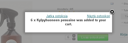 Nappia painamalla Ilmestyy ruutu josta näkyy ostoksen tiedot. Kylpyhuoneen pesuaine on kuuden kappaleen paketeissa.